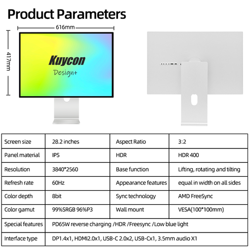 Kuycon P10 28.2" 3:2 Office Monitor, 4K 60Hz, 163 PPI, 65W USB-C, Perfect for Coding
