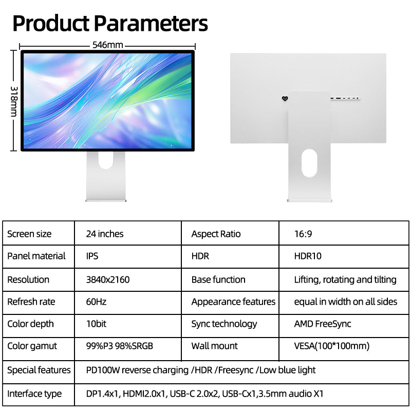 Kuycon P24U 24" 4K Office Monitor, 60Hz, 185 PPI, 99% sRGB, Space-Saving Design