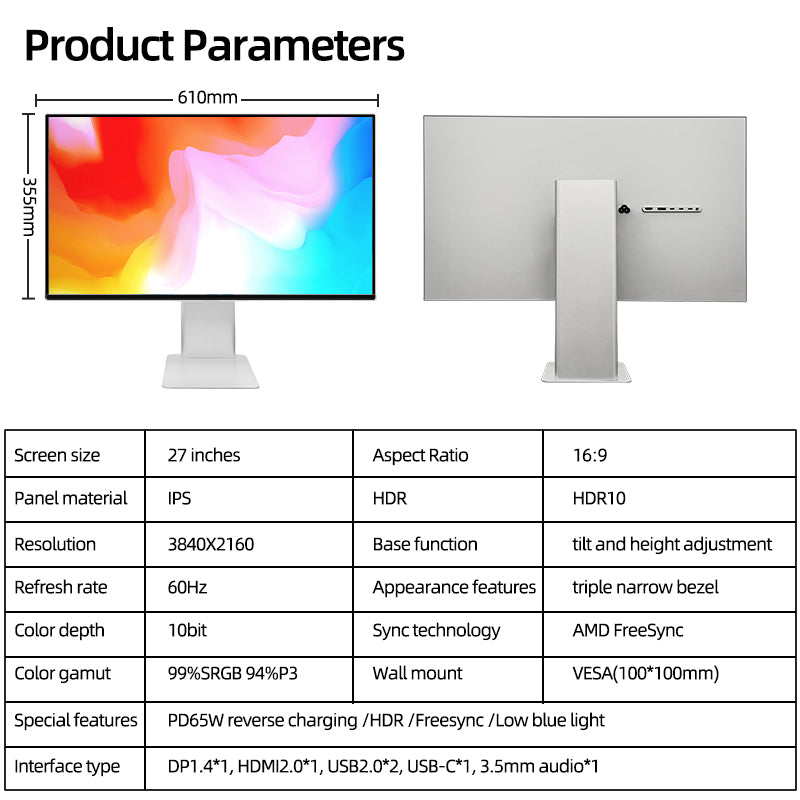 Kuycon P27L 27" 4K Office Monitor, 60Hz, Matte Anti-Glare, 99% sRGB, 65W USB-C