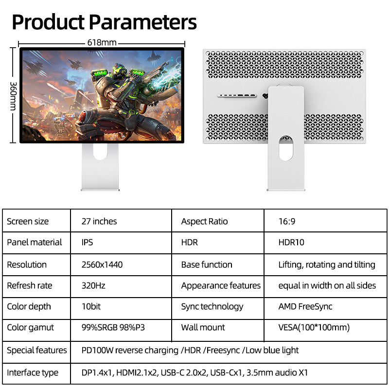 Kuycon P27S 27" 2K Gaming Monitor, 320Hz, 1ms GTG, HDR 400, G-SYNC Compatible