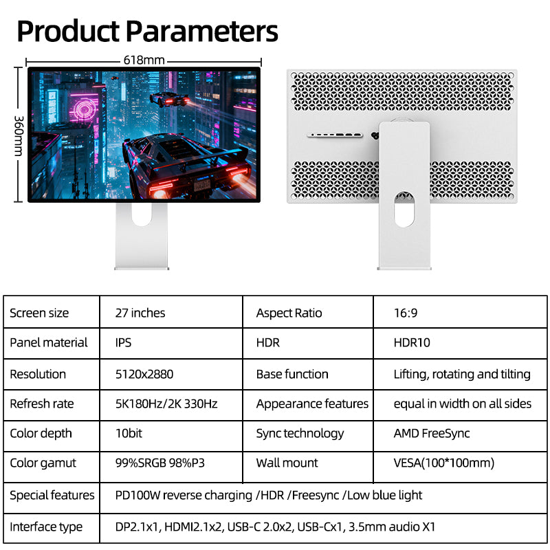 Kuycon P27Z 27" Dual-Mode Monitor, 5K 180Hz / 2K 330Hz Switchable, 1ms, HDR 600