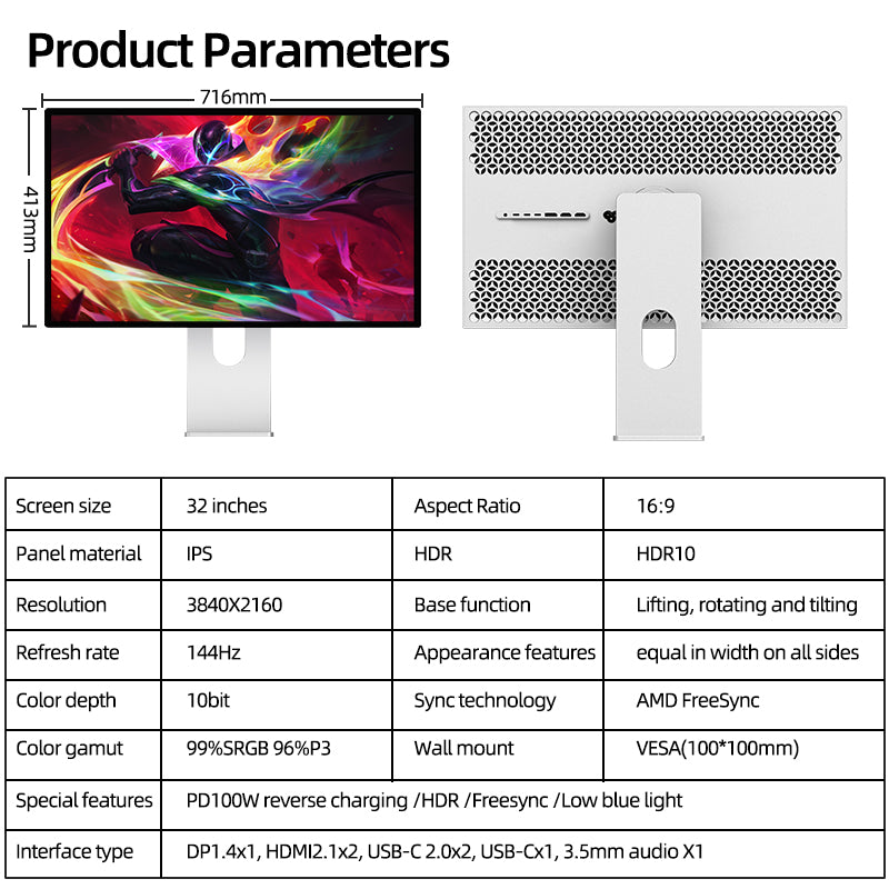 Kuycon P32K 32" 4K Gaming Monitor, 144Hz, 1ms, 99% sRGB, 100W USB-C, VRR