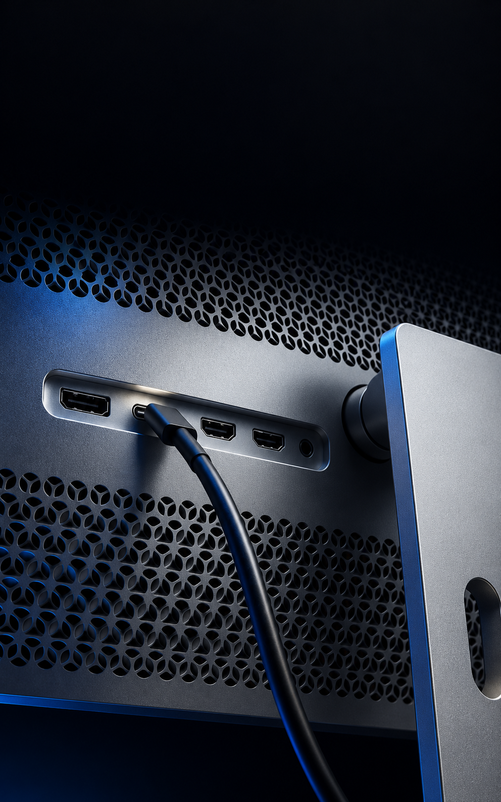 Close-up artwork of a USB-C cable connected to the back of a silver monitor
