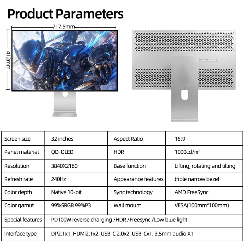 Kuycon Q32S 32" OLED 4K Gaming-Monitor, 240Hz, 0,03ms GTG, HDR True Black 400, DP2.1