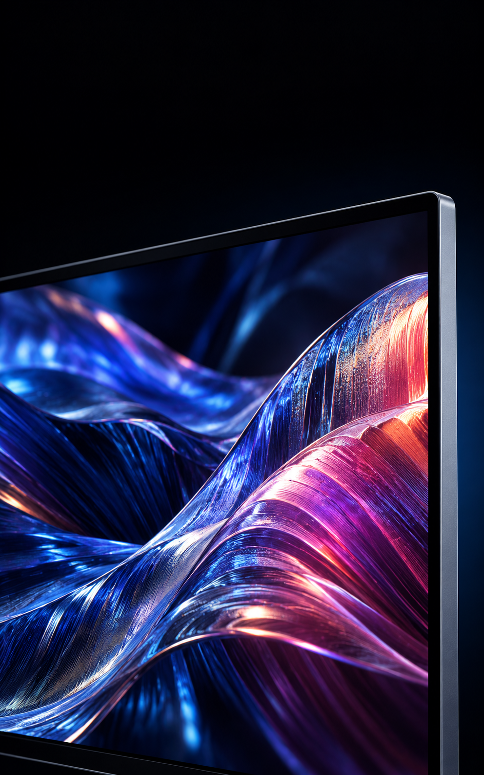 Silver monitor displaying a sculptural blue and violet color study