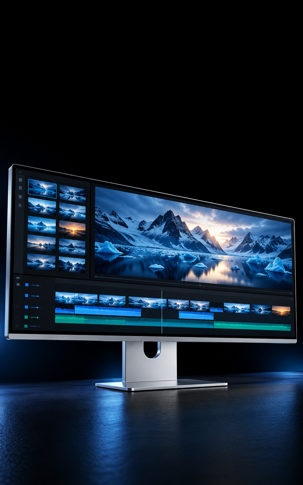 Ultrawide silver monitor showing a video timeline and mountain imagery
