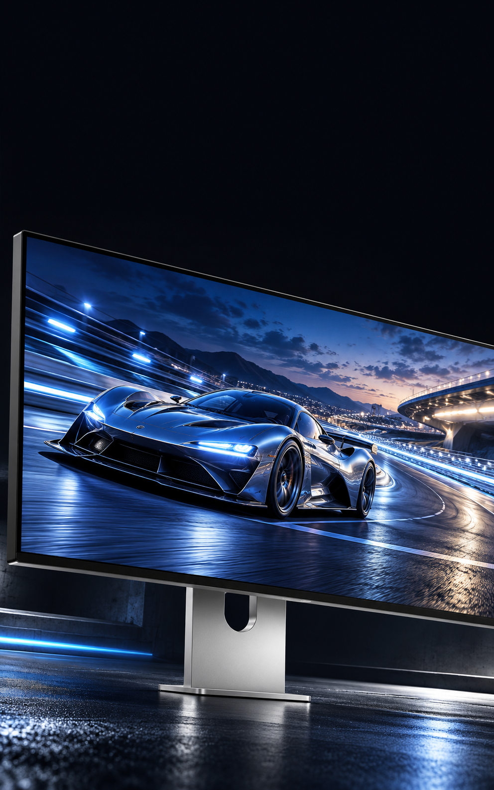 Ultrawide display showing a racing scene in blue twilight