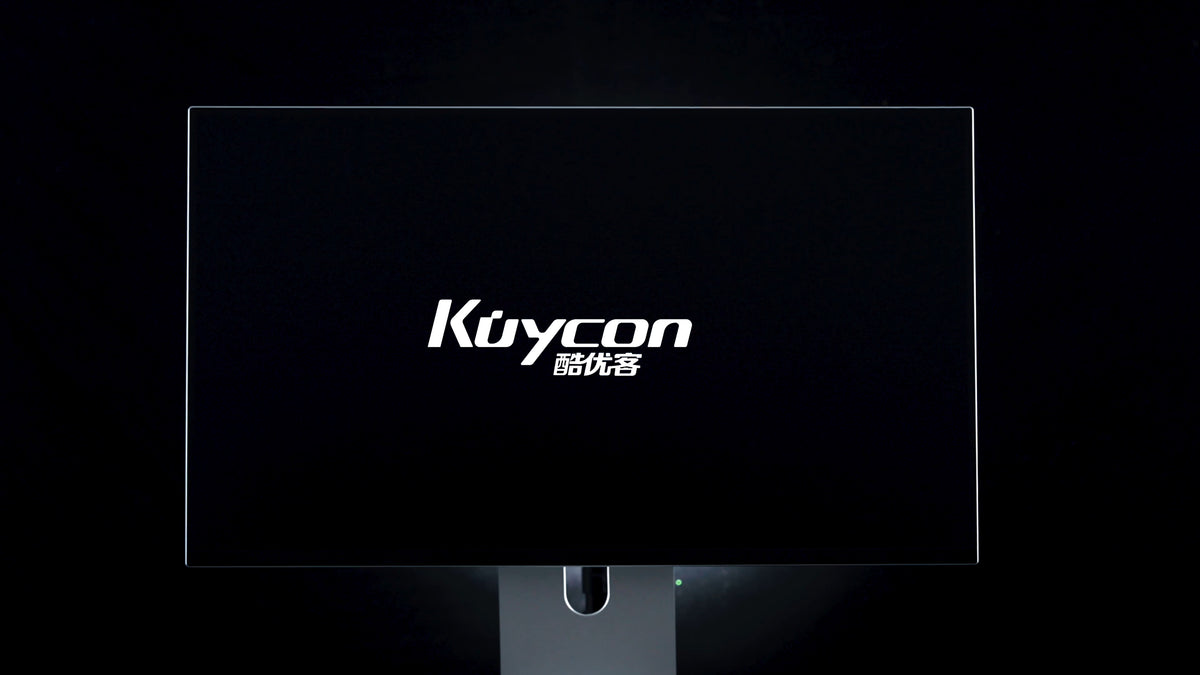Silver KUYCON display with a violet and blue screen on a black background